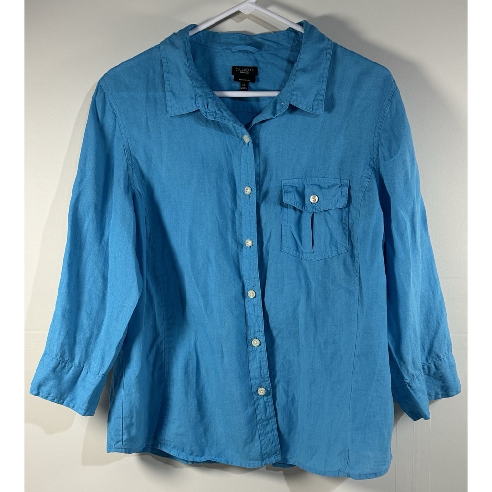 Talbots womens 100% Irish Linen top Buttons Turquoise  roll Sleeve Shirt Size Xl